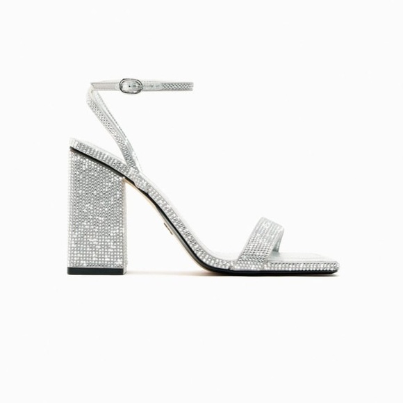 NWT. Zara Rhinestones Block Heel Fabric Sandals. Size 6,5. - Picture 1 of 9